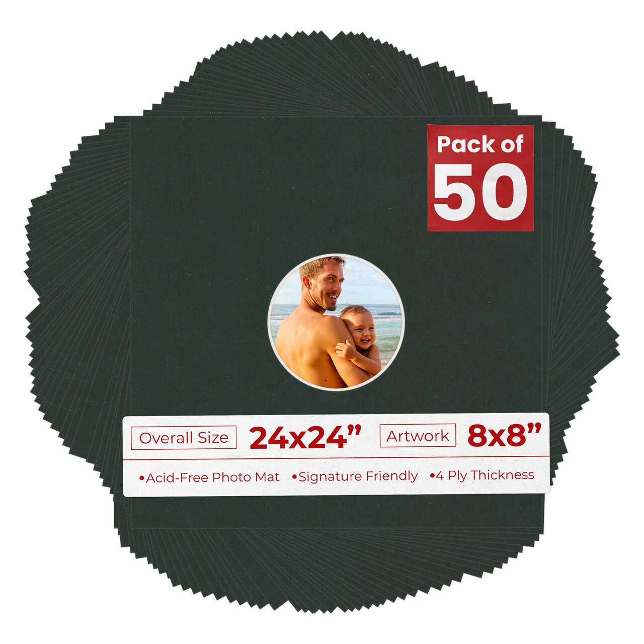 Textured Black Mat Board for 24x24 Frames - Circle Opening for 8x8 Photos